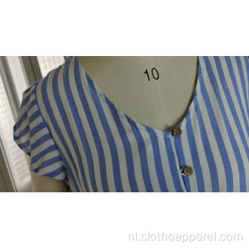 Blauw gestreept V-shirt met korte mouwen en tailletop